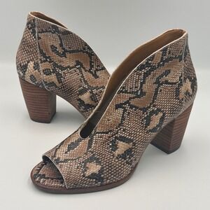 Lucky Brand Snakeskin Peep Toe Ankle Booties Block Heel‎ Leather Womens 6.5